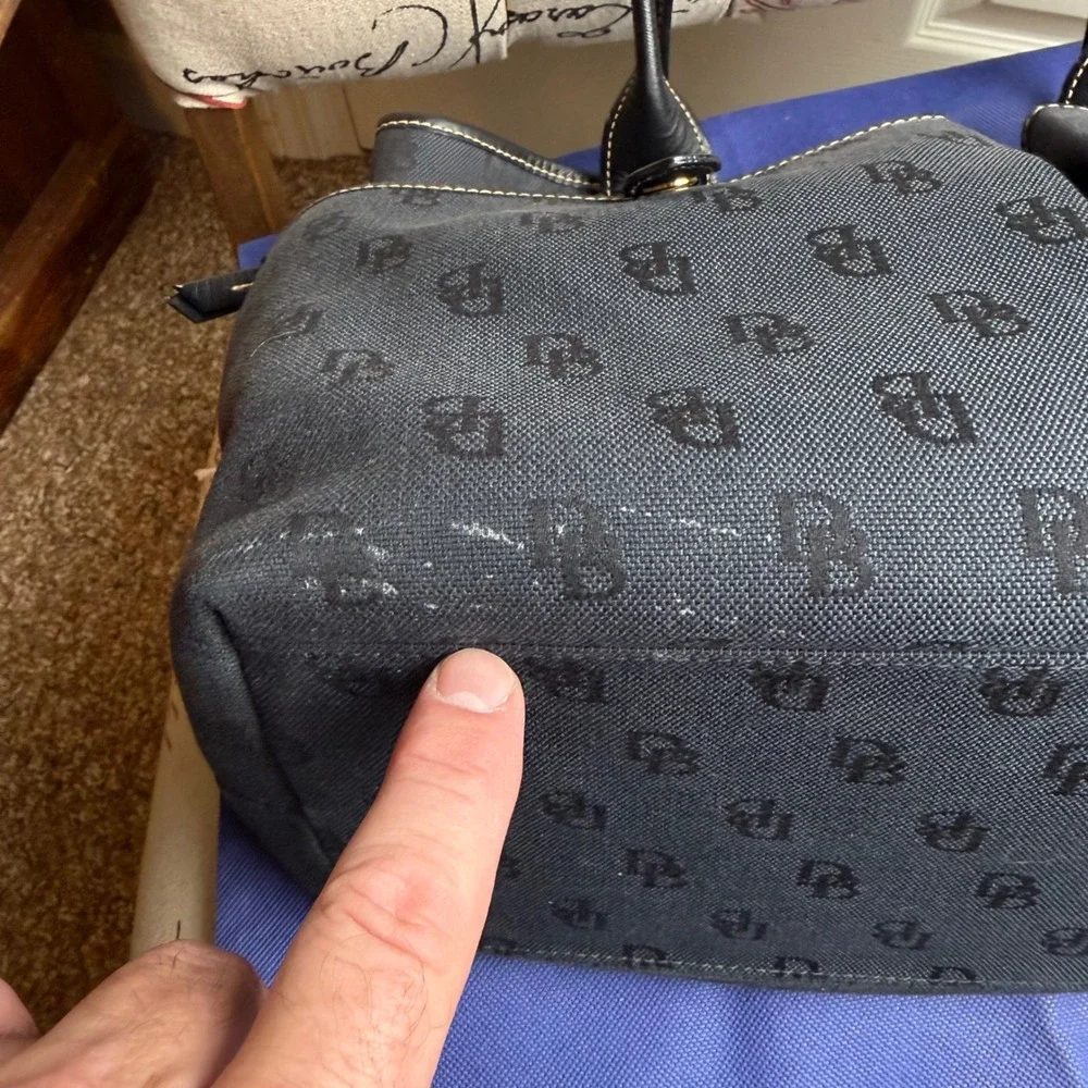 Dooney & Bourke Signature Monogram Canvas Tote Bag Black Leather Trim Pocket